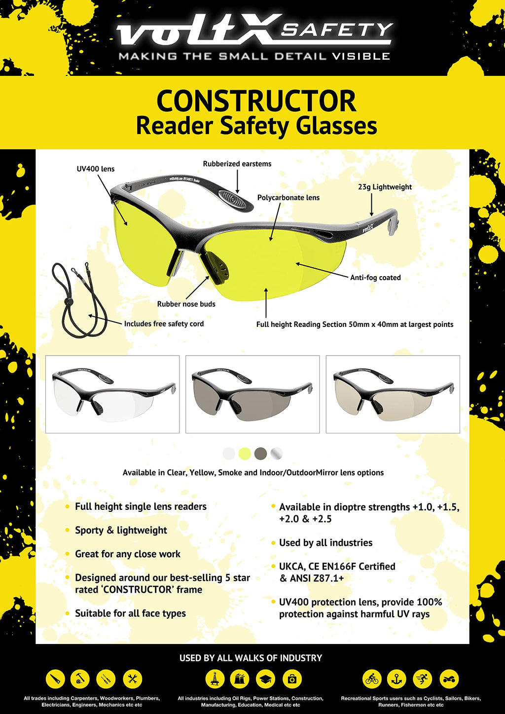CONSTRUCTOR Yellow Full Lens Reading Safety Glasses +2.5 Dioptre