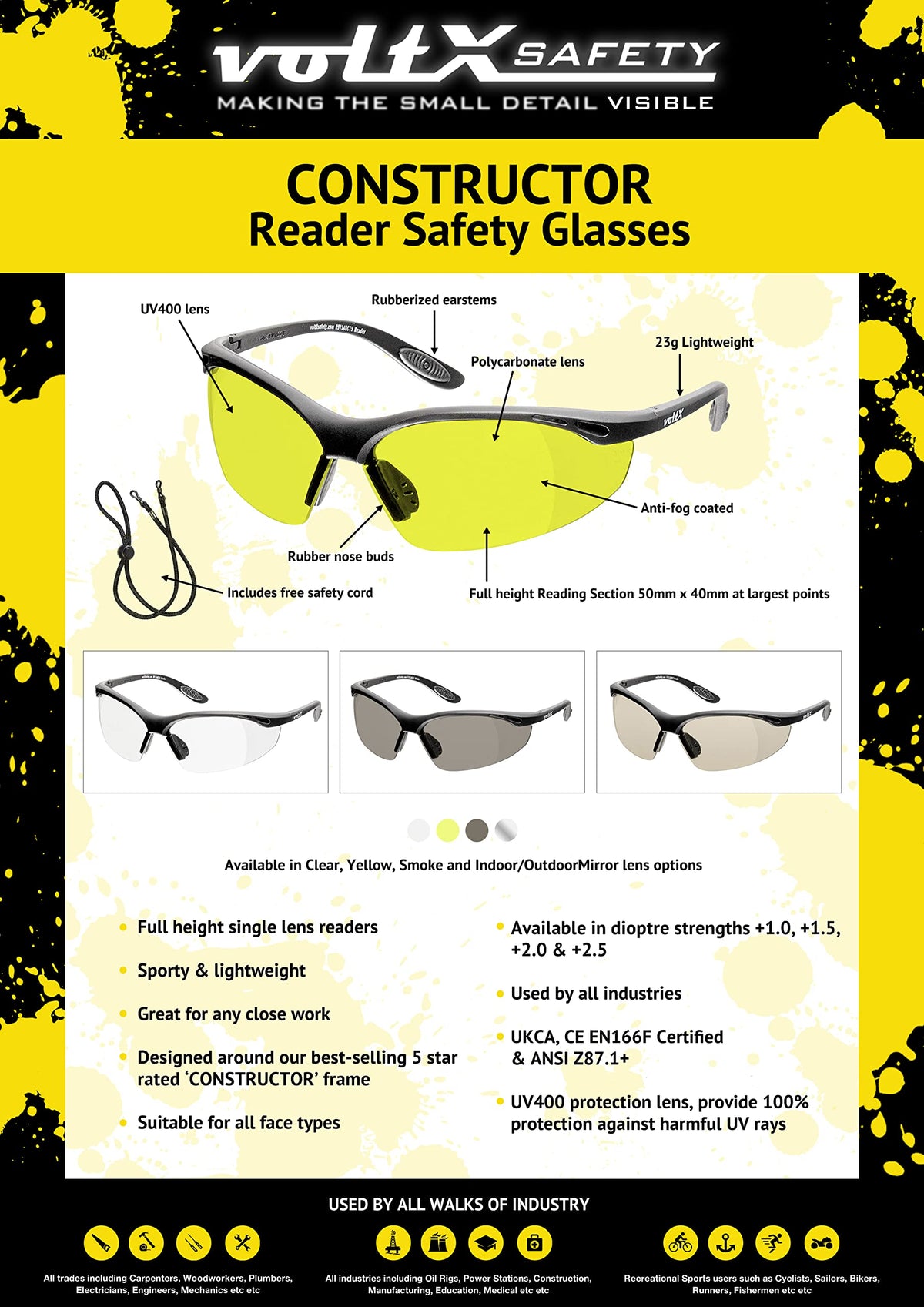 CONSTRUCTOR Yellow Full Lens Reading Safety Glasses +2.5 Dioptre