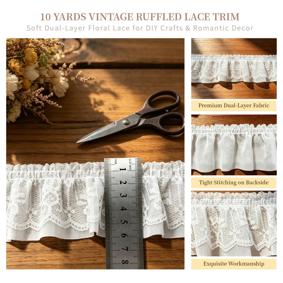 10 Yards White Vintage Double-Layer Lace Trim Ruffle Ribbon
