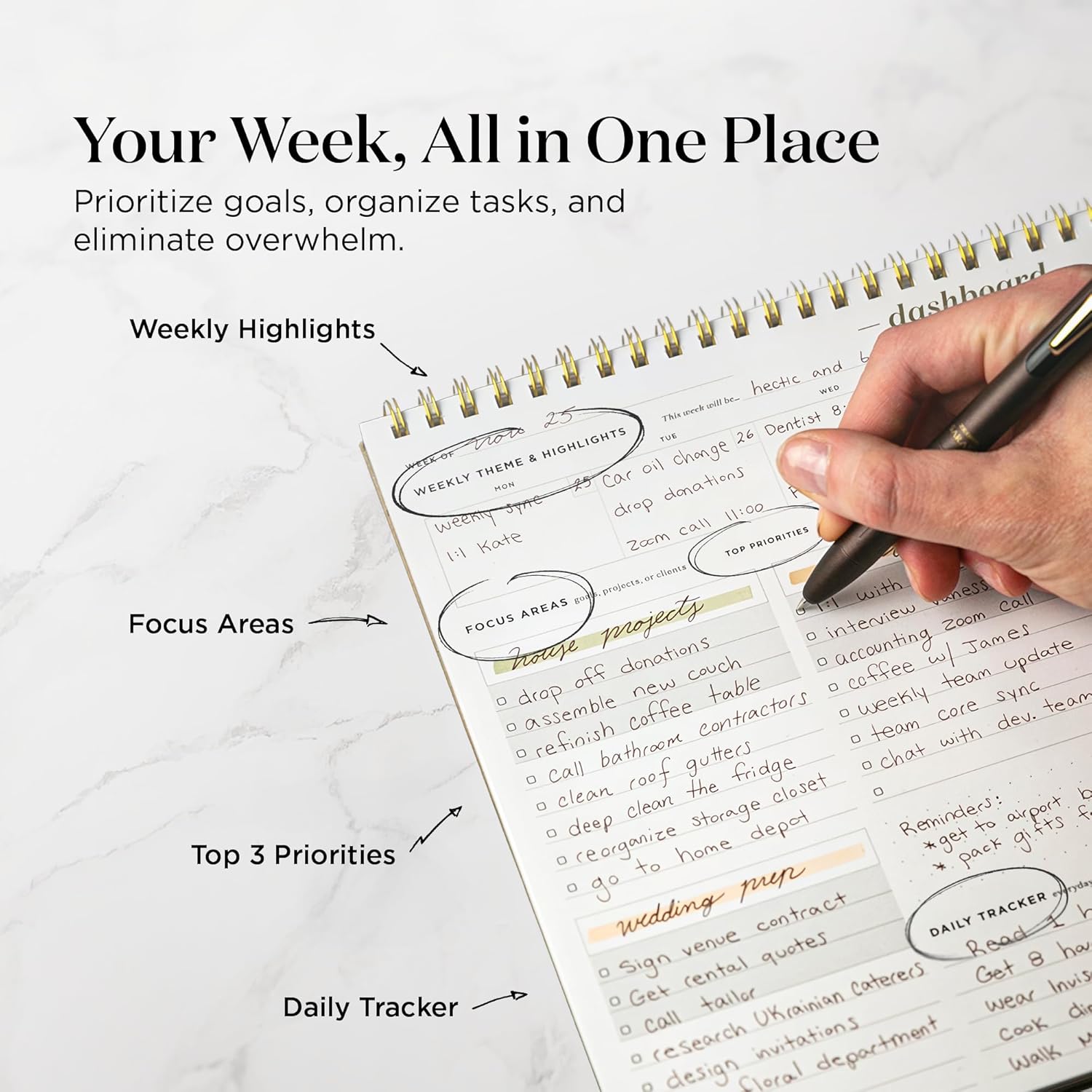 Dashboard Spiral Deskpad | Undated Weekly Planner Notepad w/ 52 Undated Sheets, Premium Productivity Planner