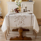 Linen Waterproof Tablecloth with Tassels, Rustic Farmhouse Flowers Embroidery Table Cloths for Rectangle Tables