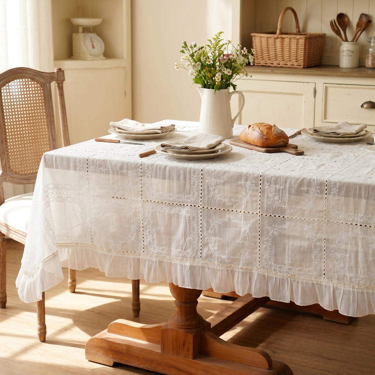 Cream Embroidered Tablecloth, 52 x 70 Inch