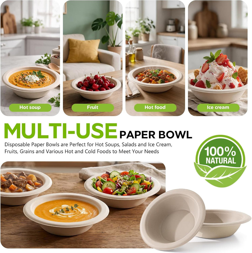 Compostable Paper Bowls 16 oz - 50 Count, Heavy Duty Disposable
