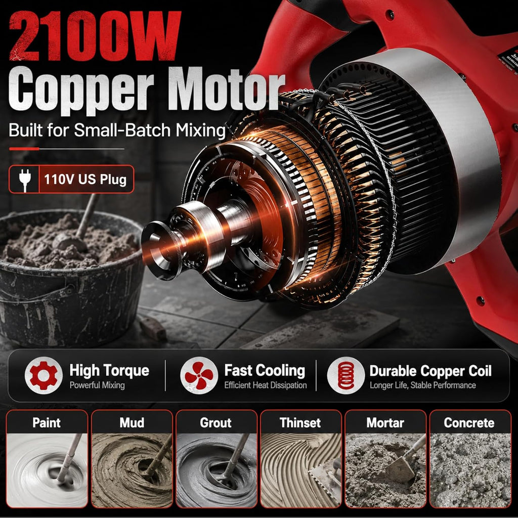 2100W Cement Mixer, 110V 6-Speed Handheld Electric Concrete & Mortar Mixer with Paddle, Copper Motor Mud Mixer for