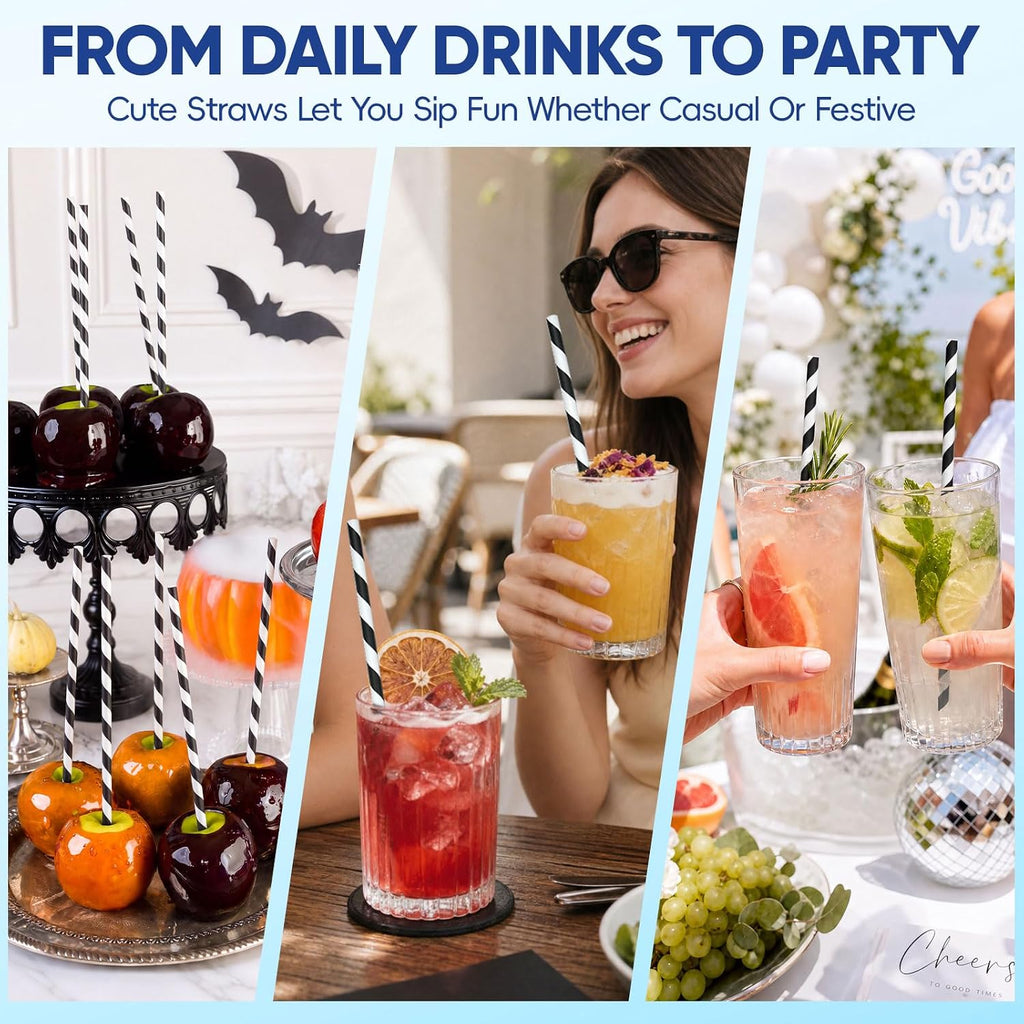 Black and White Paper Straws Disposable for Drinking 7.75'' 500ct