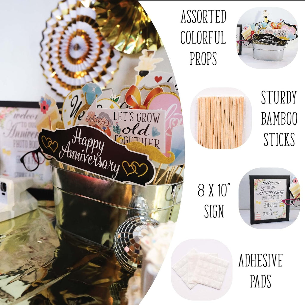 Anniversary Photo Booth Props - 41-pc Photobooth Kit with 8 x 10-Inch Sign, 60 Adhesive Pads, 45 Sticks - Wedding
