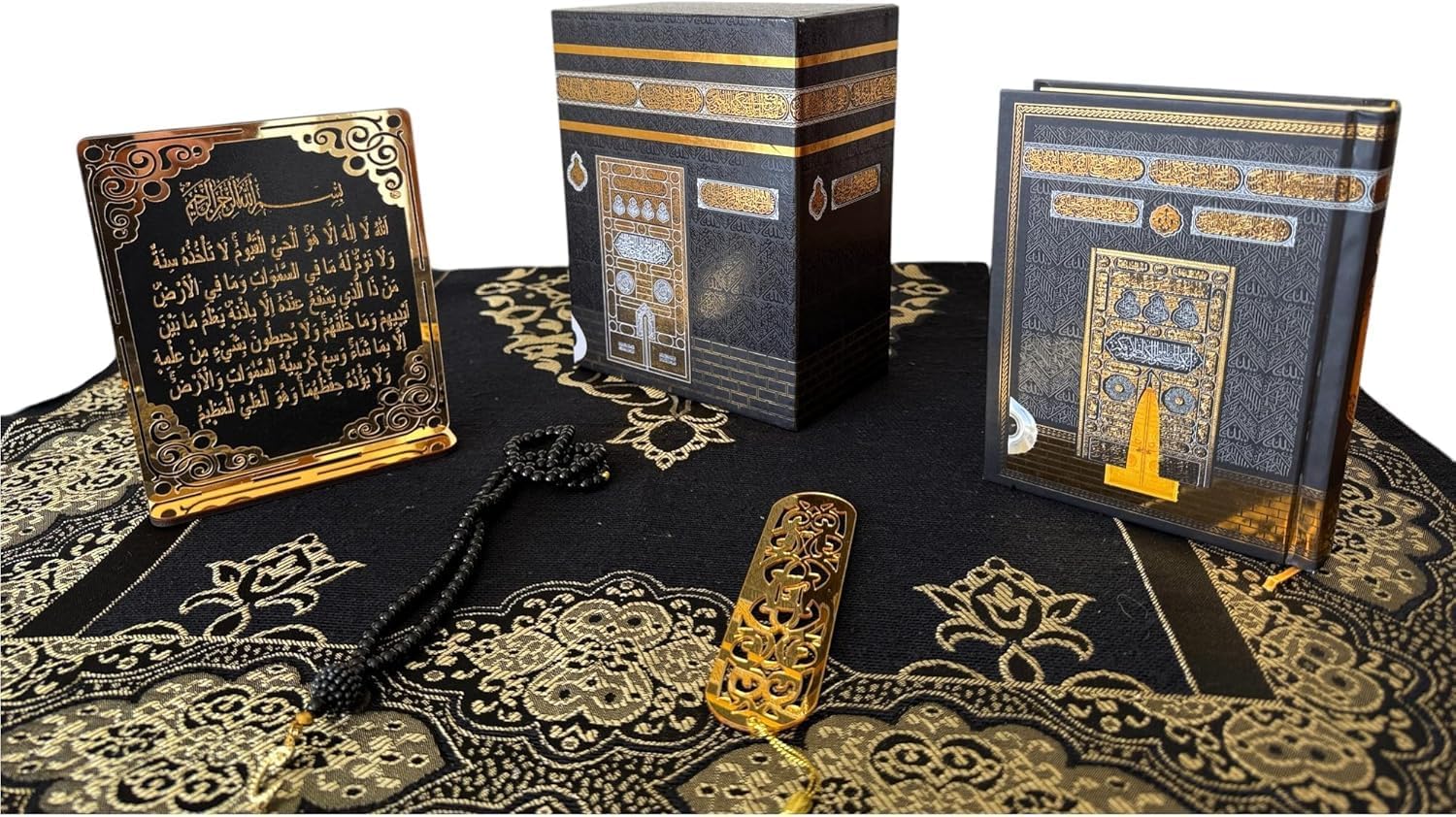 Muslim Prayer Rug, Islamic Gift Set, Velvet Full Arabic Quran, Elegant Kaaba Design Box, Ayat El Kursi Table Top