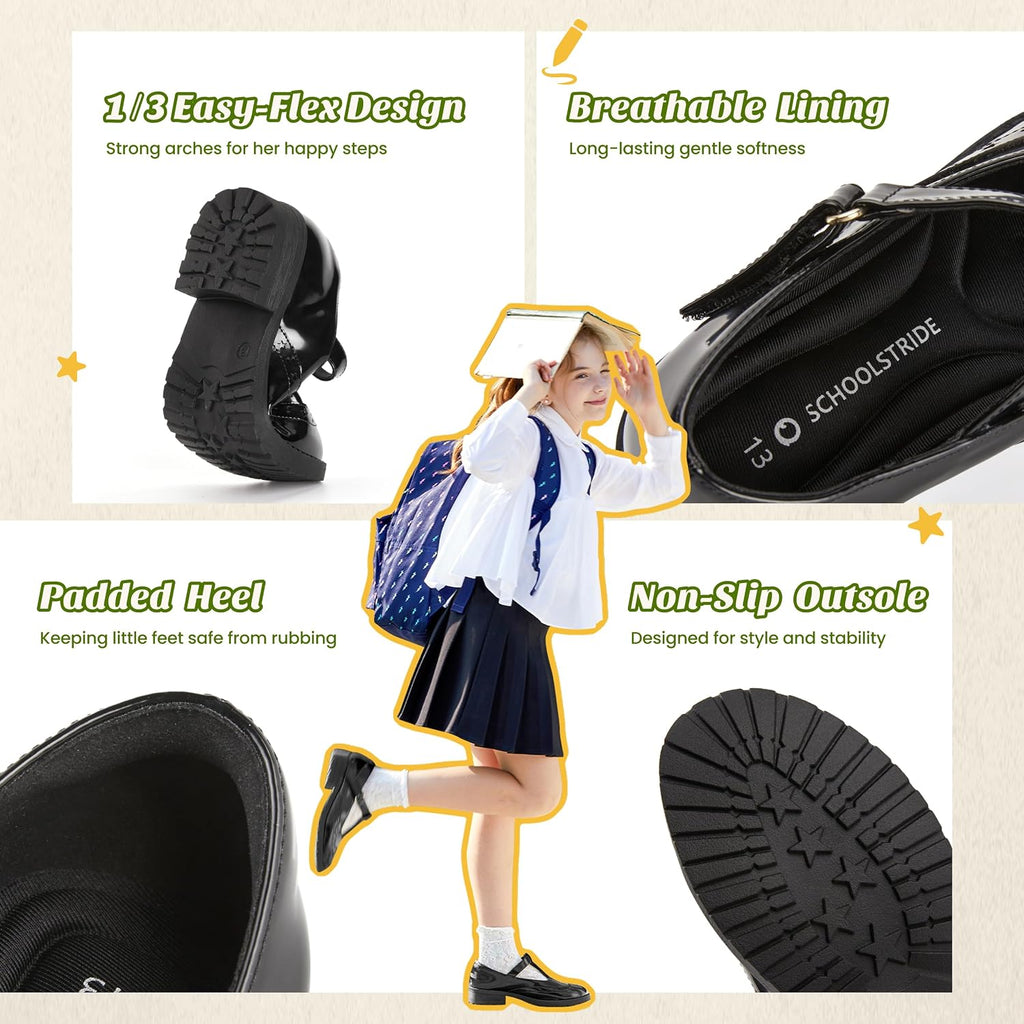 Girls School Shoes Mary Jane Shoes Uniform Dress Flats T-Strap Chunky Heel Round Toe Loafers Oxfords for Little/Big Kids