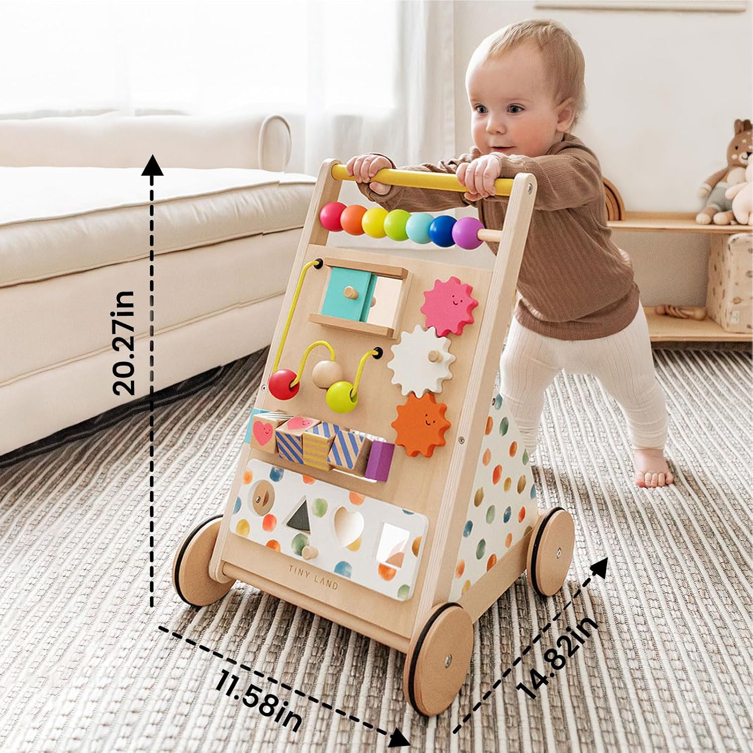 Wooden Baby Walker with Activity Center, Montessori Push Walker | Adjustable speed for beginners, From sitting play