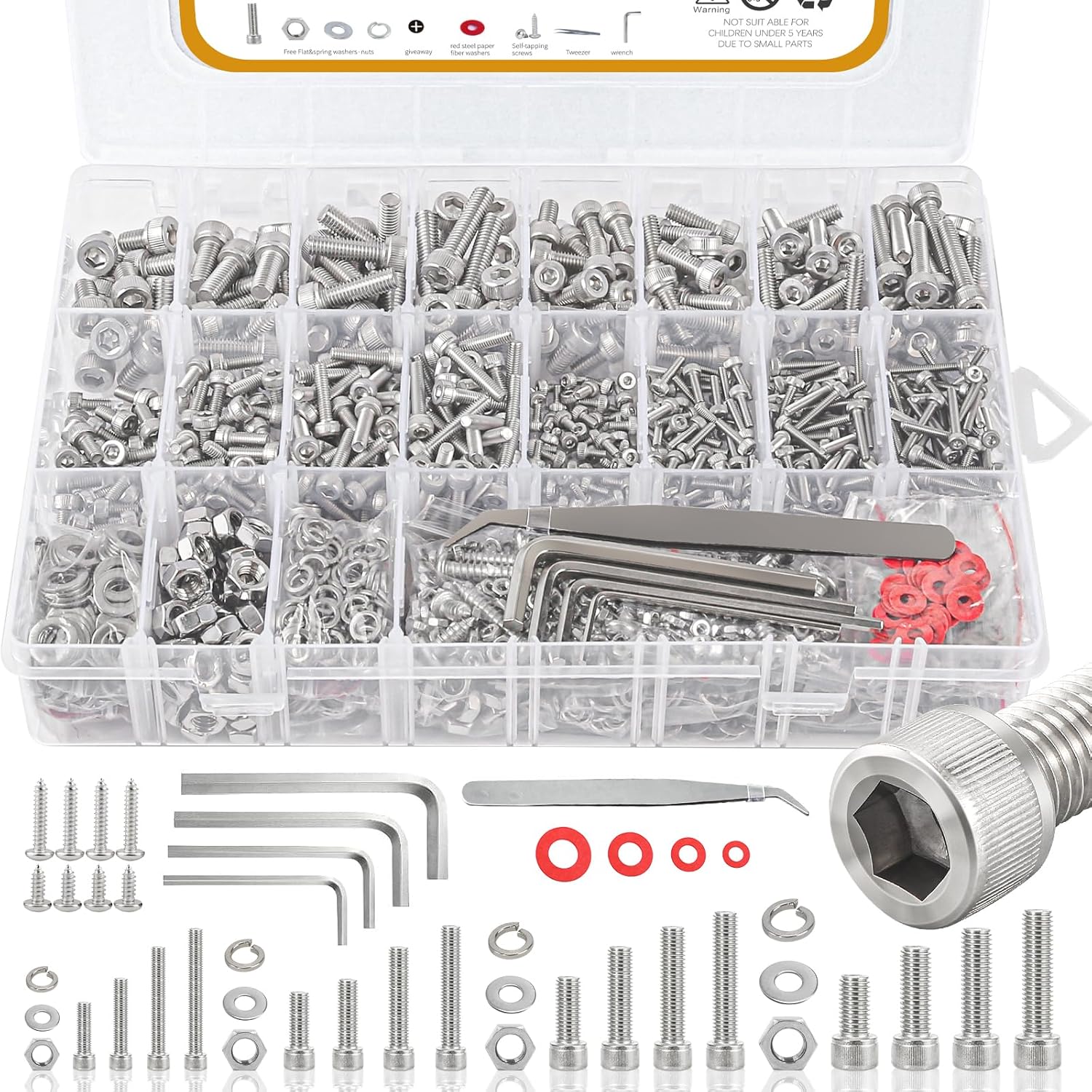 M2 M3 M4 M5 Nuts and Bolts, 304 Stainless Steel Metric Bolt Assortment (Lock & Flat Washers),Metric Screw Assortment