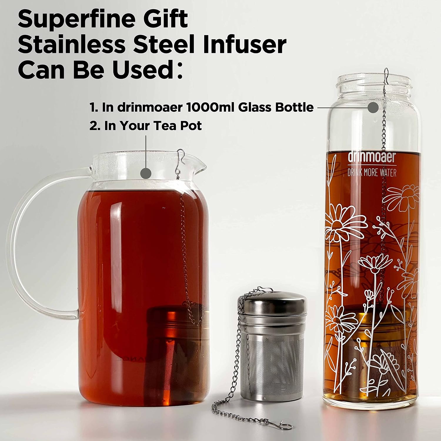 32oz Glass Water Bottle with Bamboo Lid and Neoprene Sleeve | Wide Opening Fruit Infuser Water Bottle (Flower)