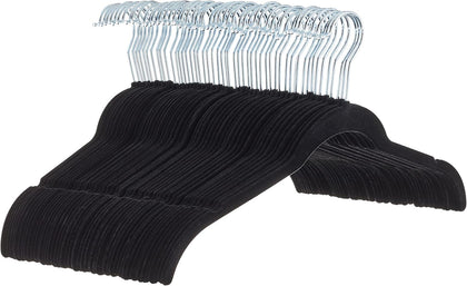Space-Saving Slim Velvet Non-Slip Clothes Hangers for Closet Organization, Sturdy with Shoulder Notches, Black, 50-Pack