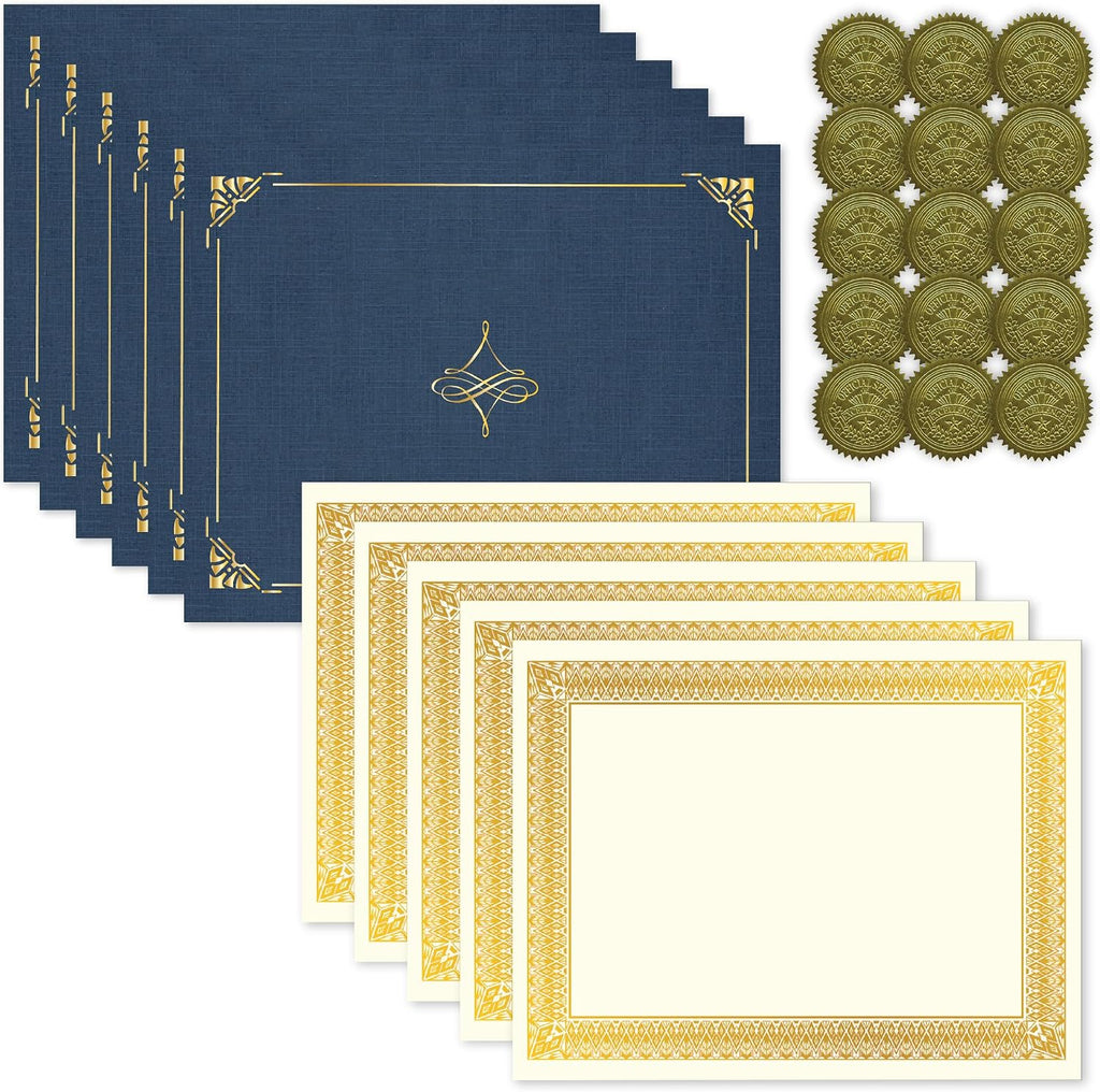 Certificate Award Kit Navy Linen with Gold Seals, 75-Piece Set | certificate kit, 8.5x11 certificate paper, linen