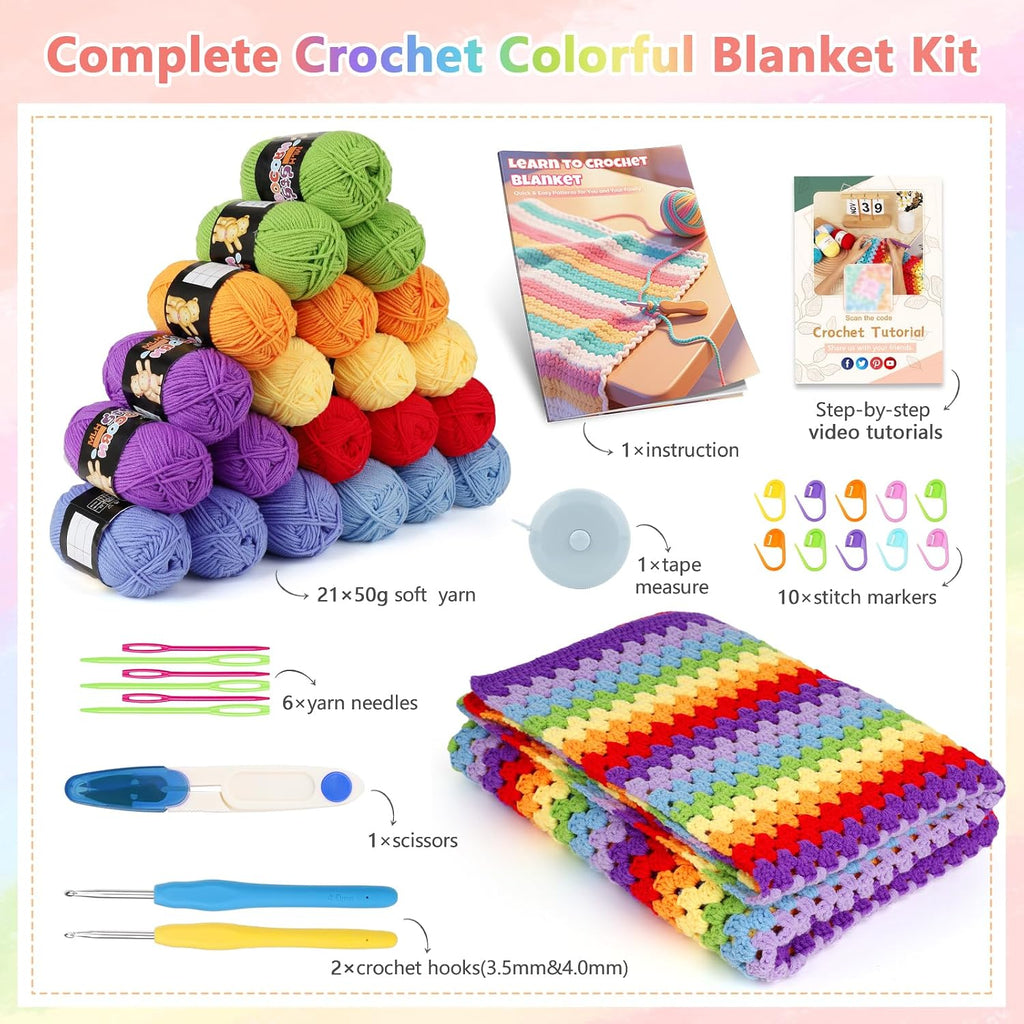 Crochet Blanket Kit for Beginners, Easy Crochet Kit for Beginners Adults & Kids with Step-by-Step Video Instructions