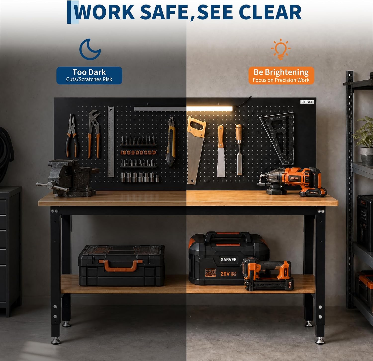 Adjustable Height Heavy-Duty Workbench with Pegboard, 60 x 22 in Work Table for Garage & Workshop - Storage Shelf