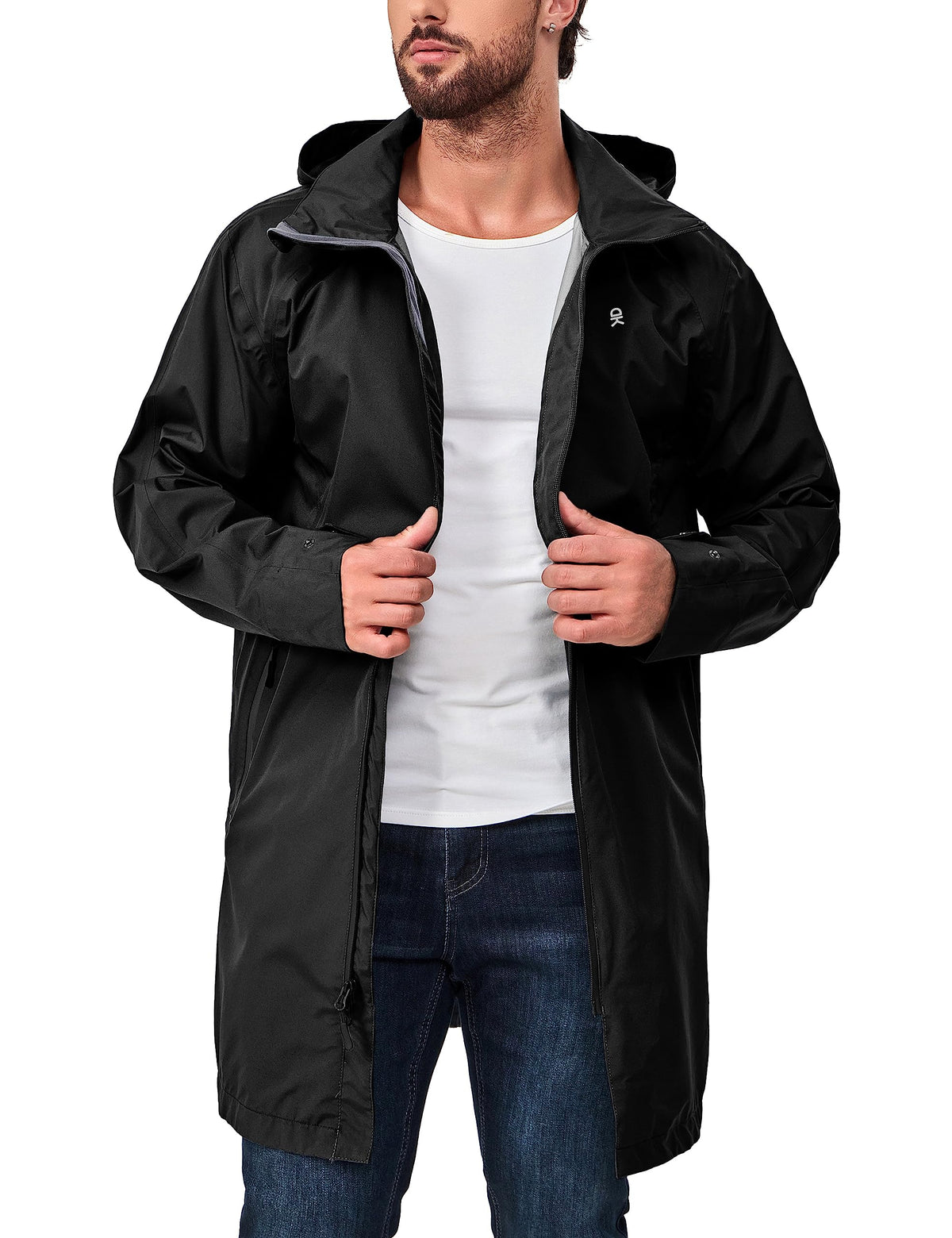 Men's Waterproof Long Rain Jacket Black XXL