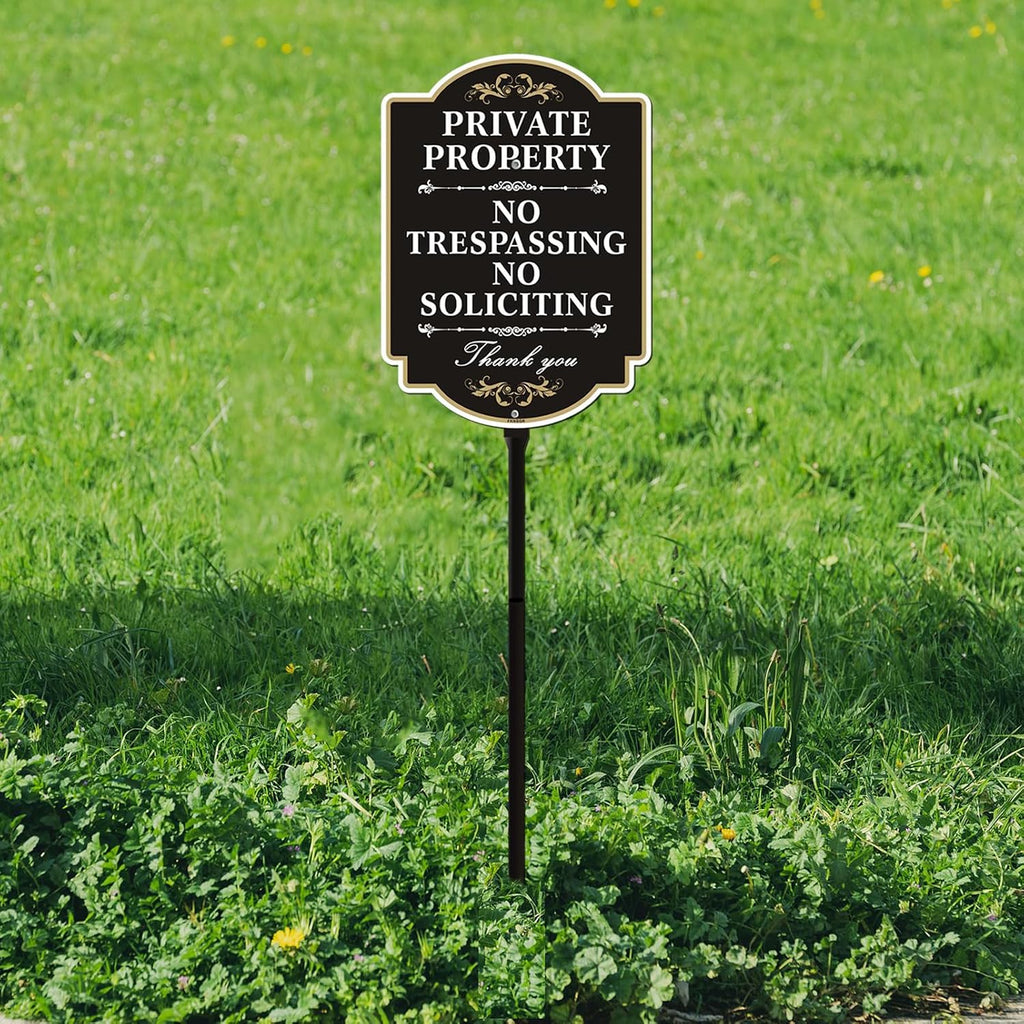 No Trespassing No Soliciting Sign with A Sturdy 35-inch Height Stake | Aluminum 12 x 8 inch Private Property Sign