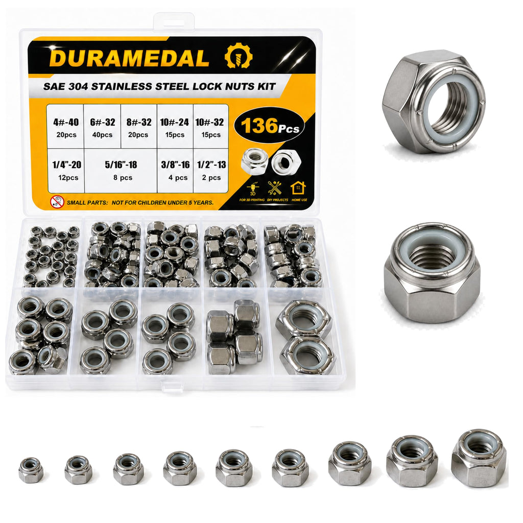 SAE Lock Nut Assortment Kit,136Pcs Stainless #4-1/2 Nylock Nuts
