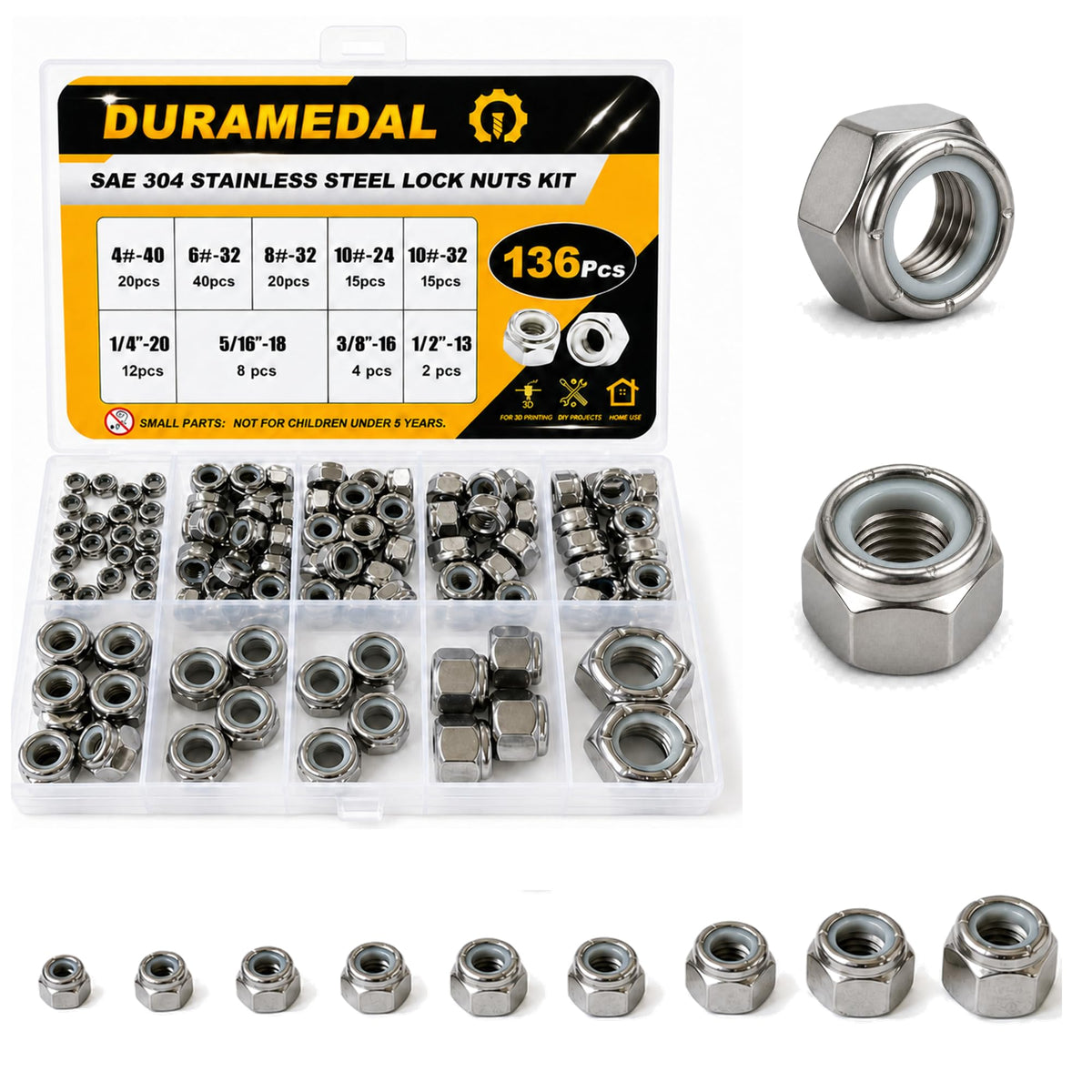 SAE Lock Nut Assortment Kit,136Pcs Stainless #4-1/2 Nylock Nuts