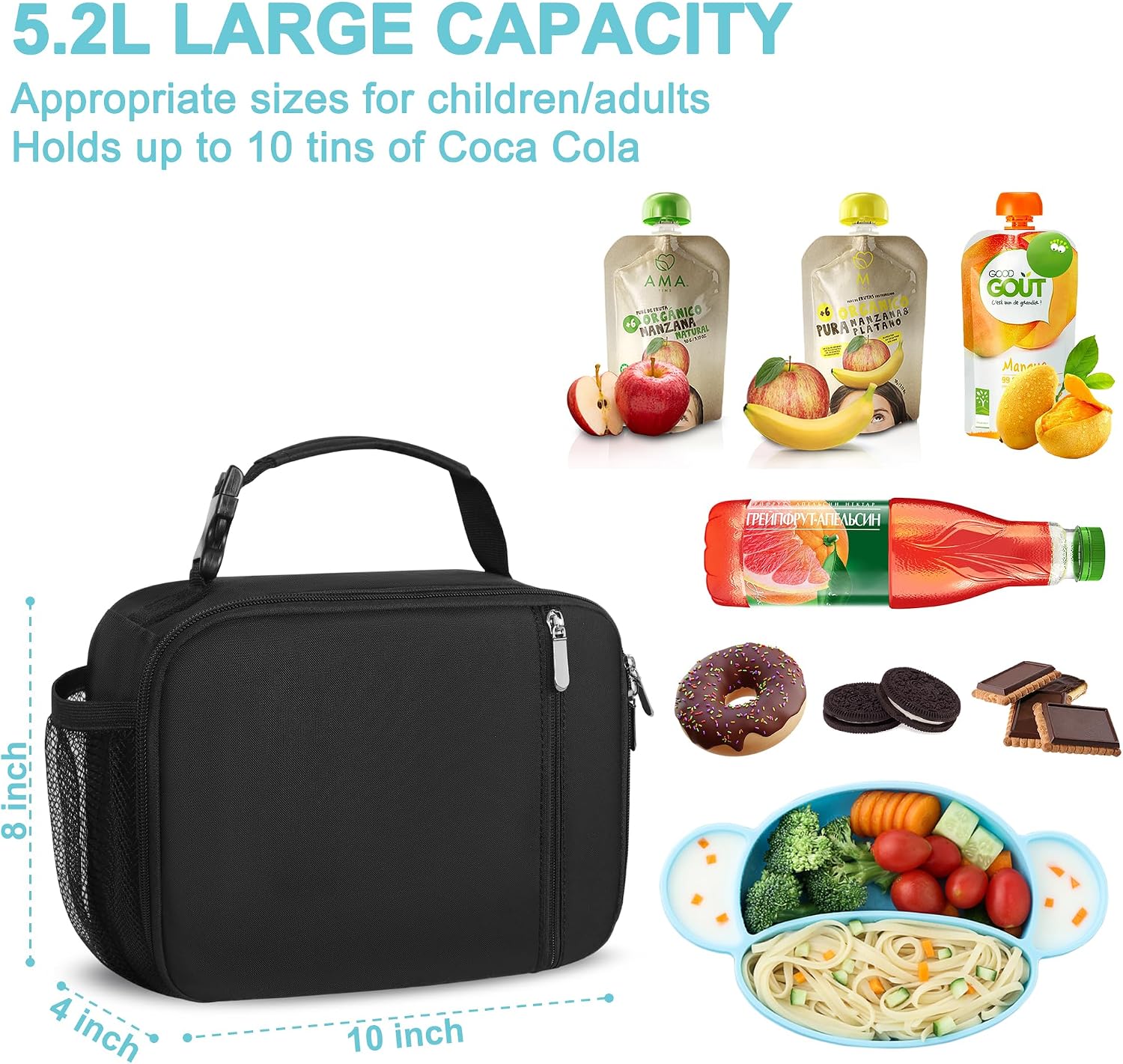 Lunch Box Kids Insulated Lunch Bag for Boys & Girls Durable Children Lunchbox for School with Water Bottle Holder-Black