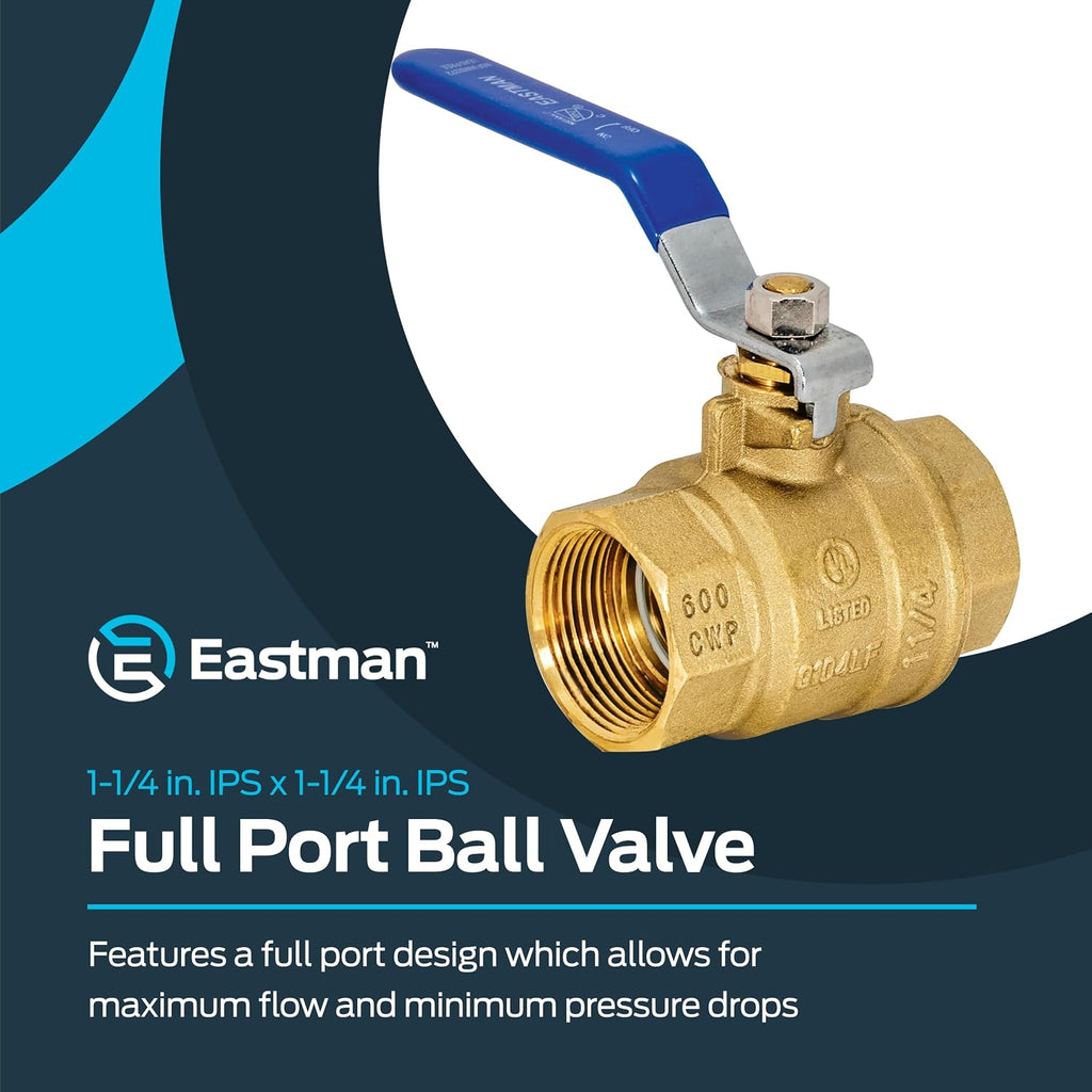 Eastman 1-1/4 Inch IPS Heavy Duty Full Port Ball Valve, Brass Plumbing Fitting, 20051LF