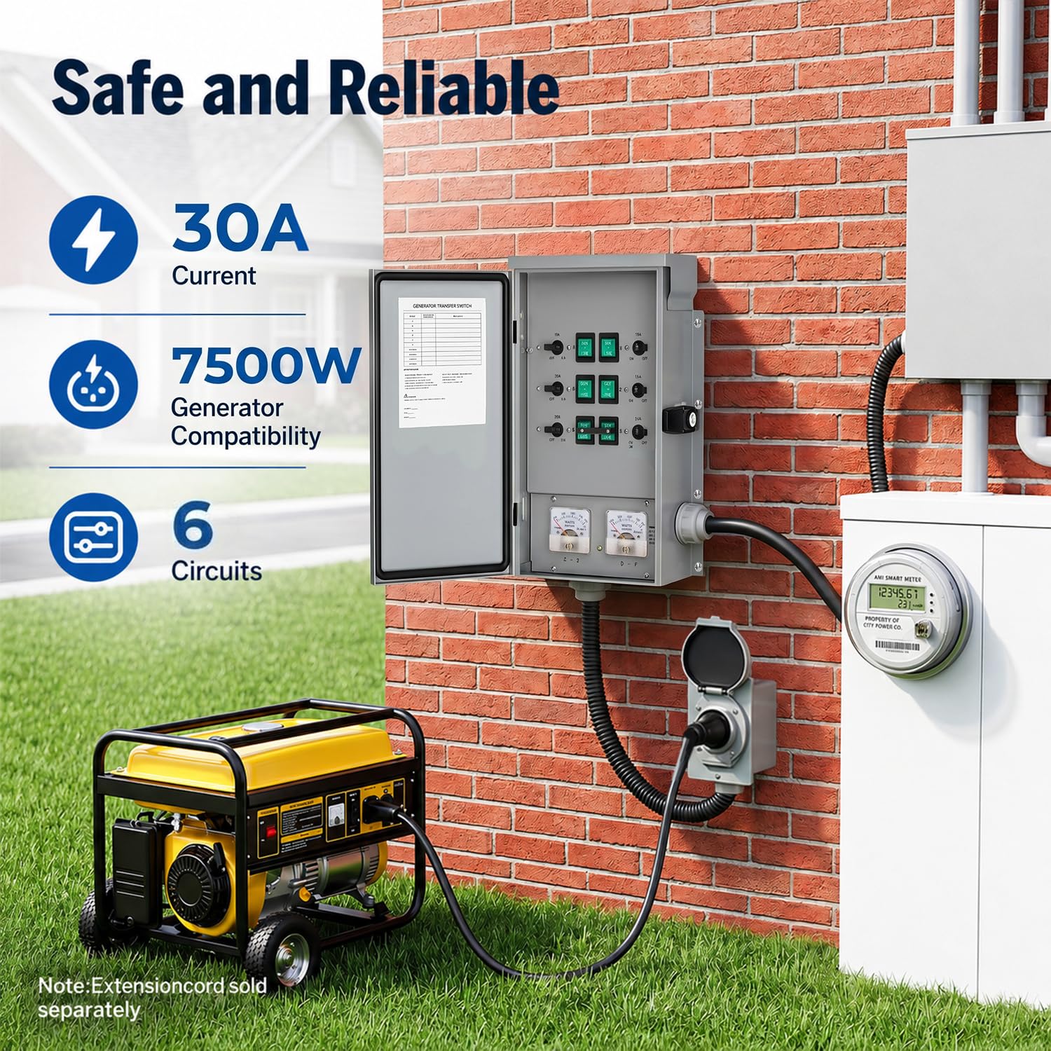 30Amp 6-Circuit Manual Generator Transfer Switch | Heavy Duty Transfer Switch Kit,L14-30 Power Inlet Box 10 Foot