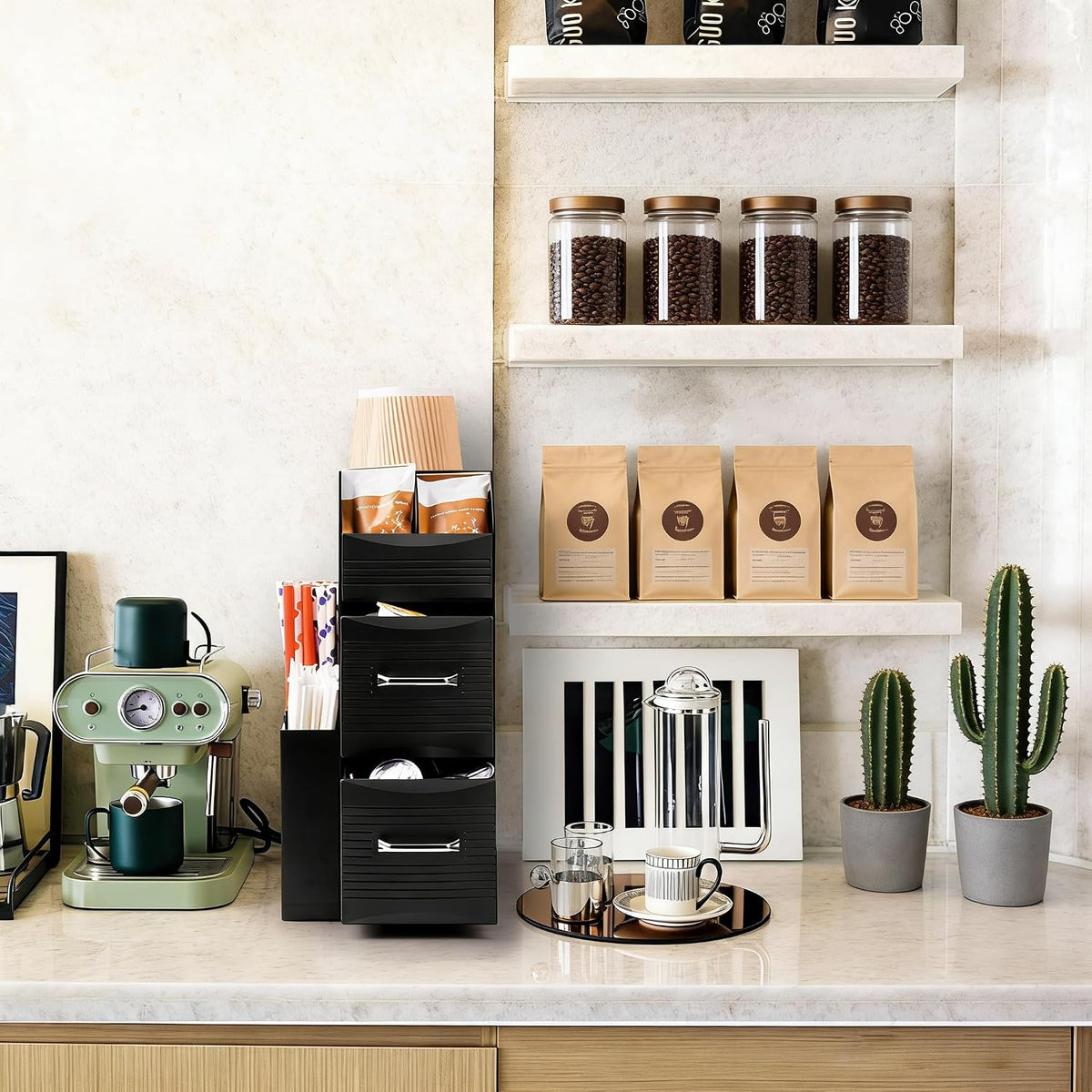 Coffee Condiment Organizer 11-Compartment Countertop 2-Drawer Black