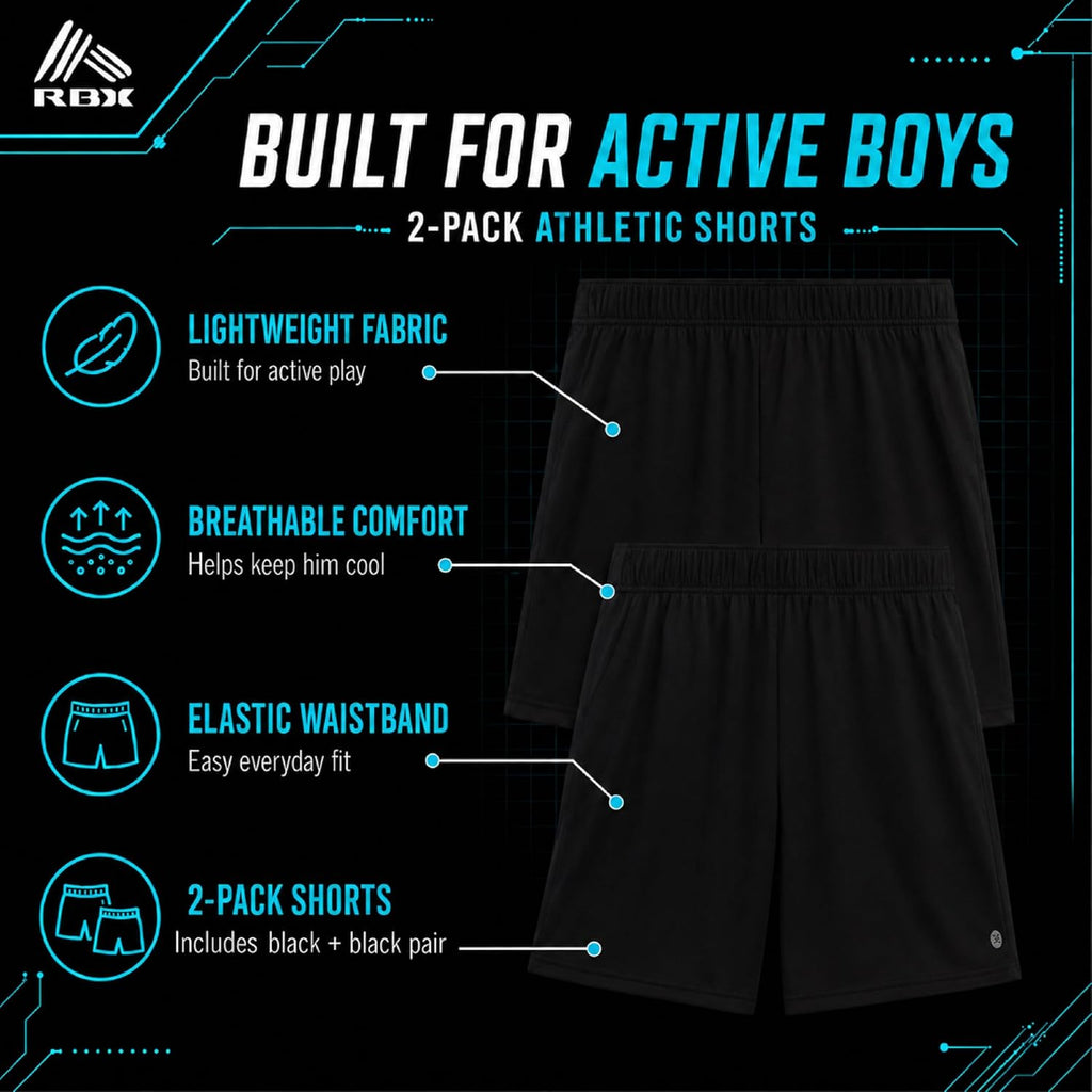 Boys 2 Pack Stretch Mesh Shorts, Youth Kids Gym, Basketball, Soccer | Lightweight Feel with Secure Elastic Waistband