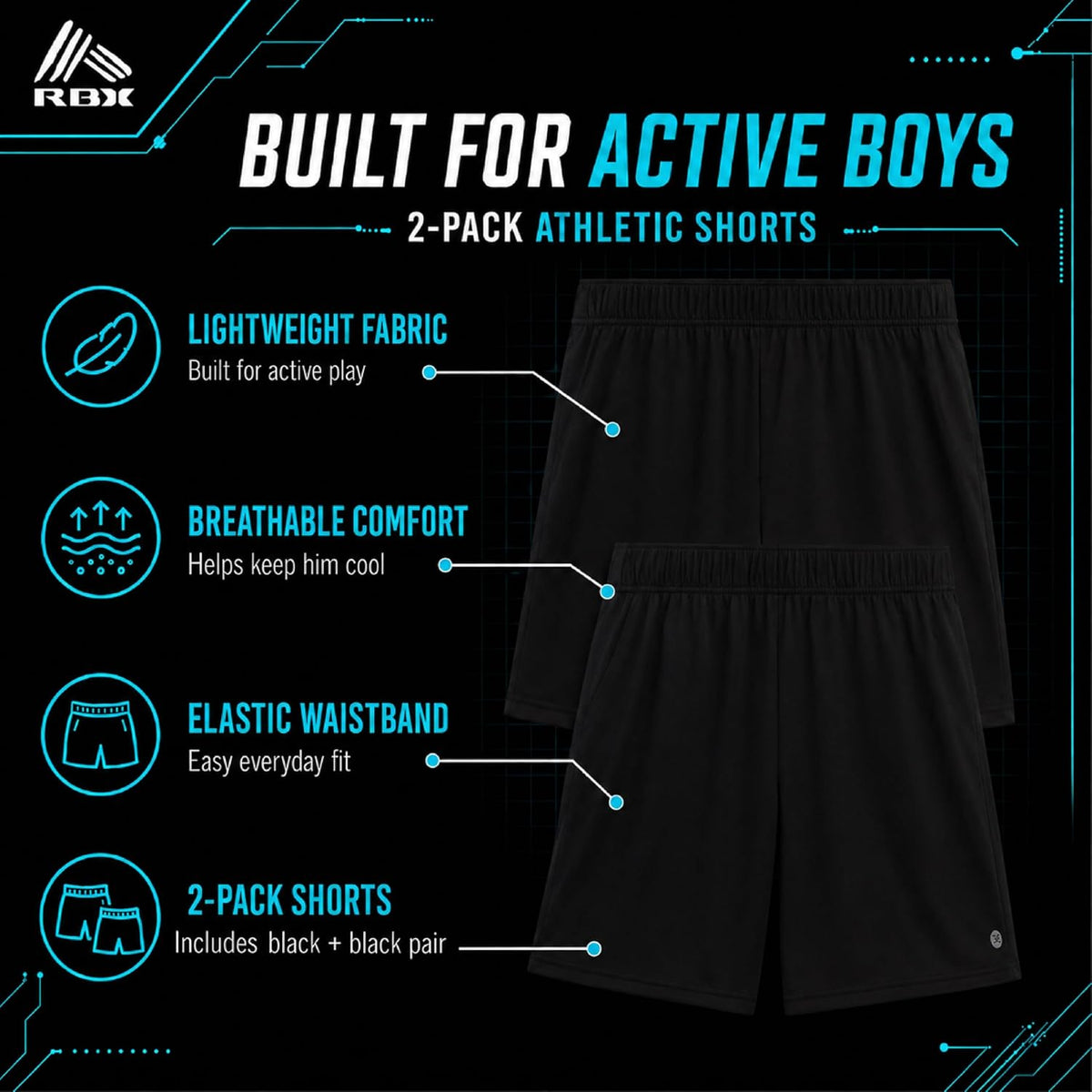 Boys 2 Pack Stretch Mesh Shorts, Youth Kids Gym, Basketball, Soccer | Lightweight Feel with Secure Elastic Waistband