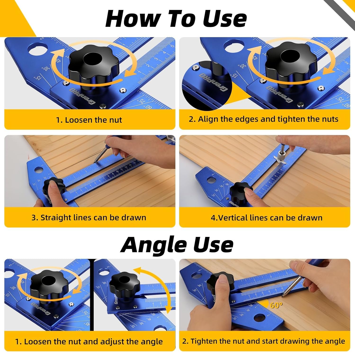Speed Combination T-Square Woodworking Carpenter Angle Finder Ruler | Includes Carpenter Pencil & Steel Ruler