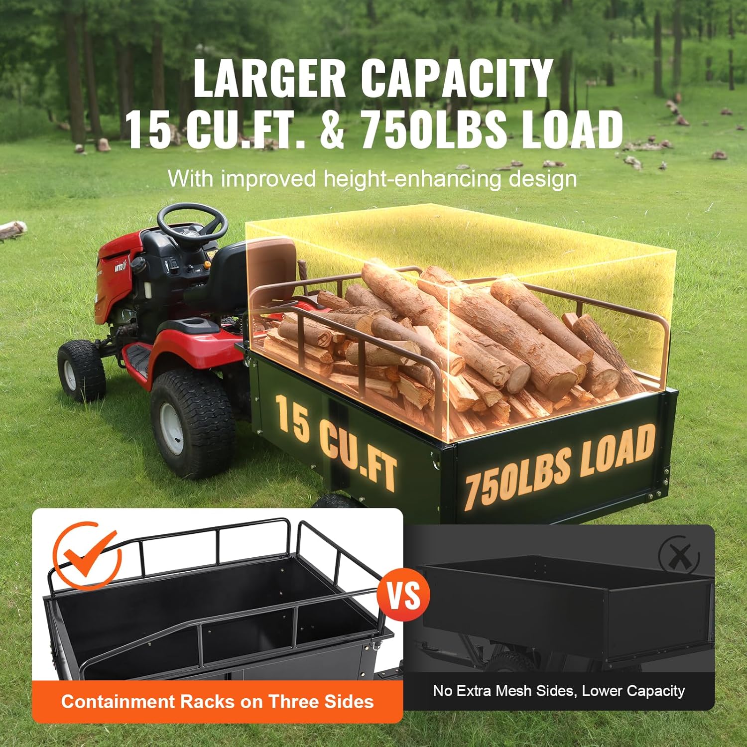 Heavy Duty ATV Trailer Steel Dump Cart, 750 lbs 15 Cubic Feet, Garden Utility Trailer Yard Trailers with Removable