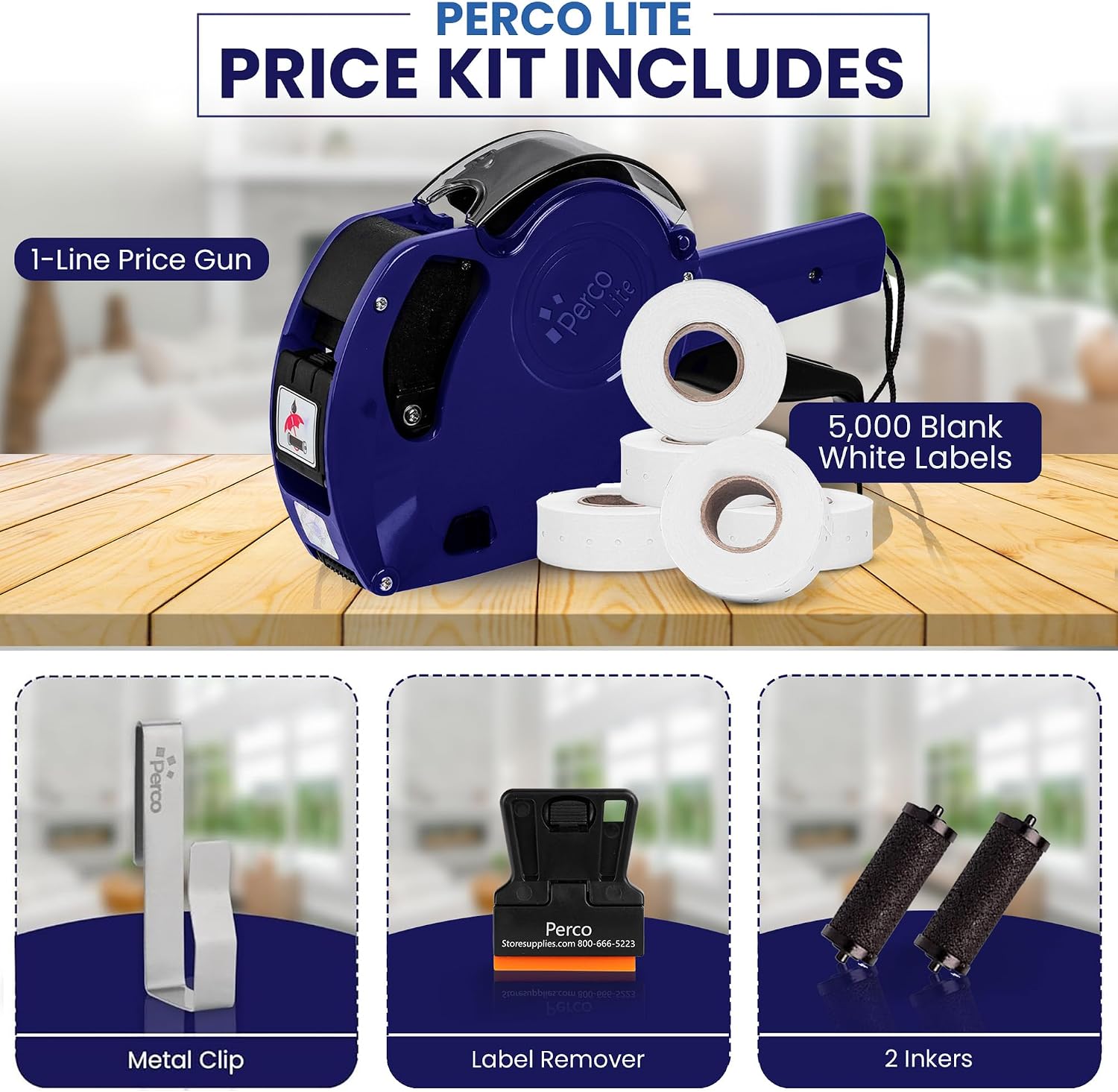 Price Gun 1-Line Kit with 5 White Label Rolls, Clip & Ink Rollers | Fast easy labeling; Clear readable prints;