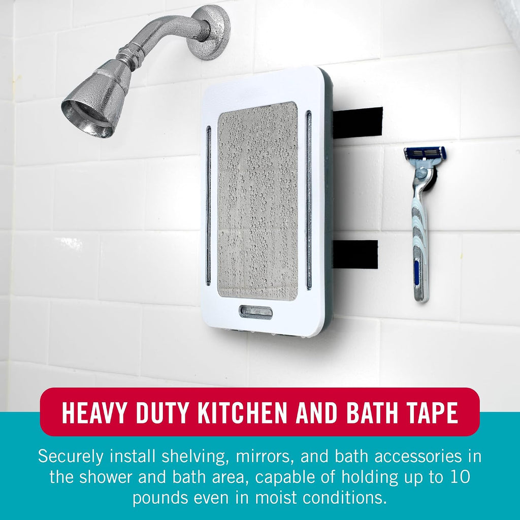 Kitchen and Bath Mounting Tape. Moisture Resistant Thin Design for Flush Mount. 10ft Heavy Duty Roll Holds 10 pounds.