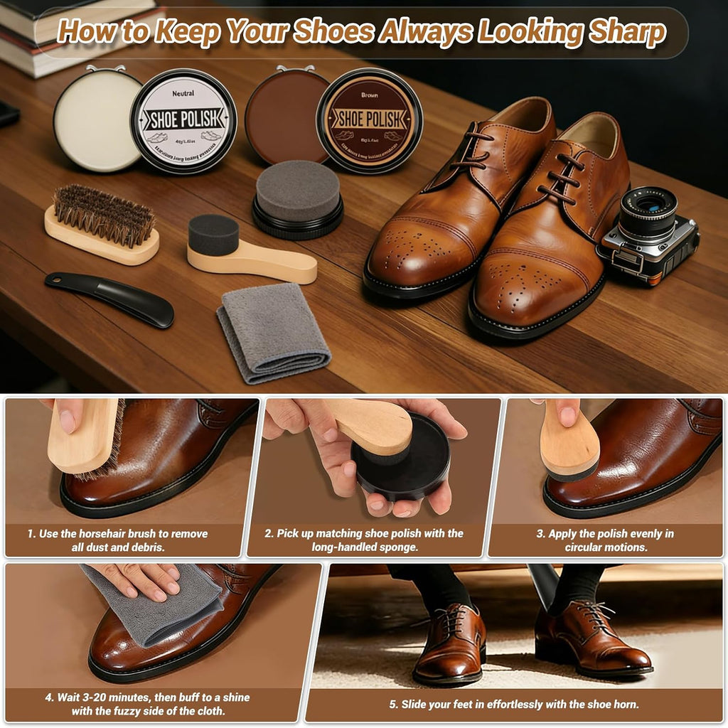 Leather Shoe Polish Kit- Shoe Shine Gift for Men with Black Brown Neutral Shoe Polish Horsehair Brush Sponge Cloth