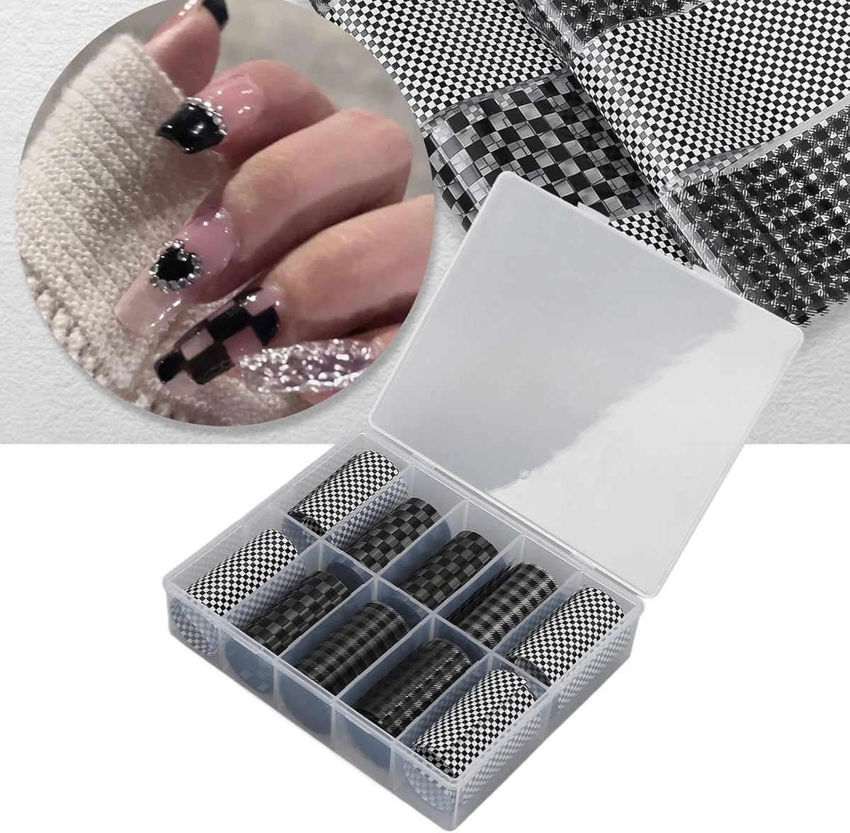 1 Box Nail Foil Transfer Stickers Decals, Print Black White Plaid Nail Art Sticker, DIY Nail Art Design Tool Stickers