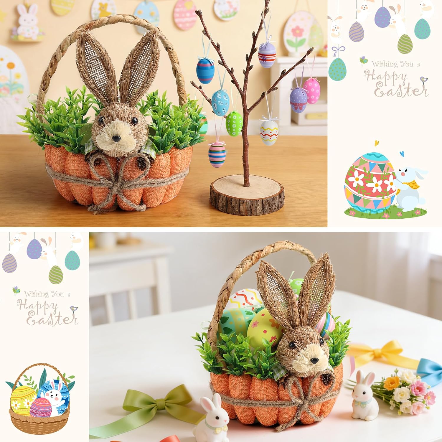 Easter Basket Decoration with Handle, Handmade Straw Bunnies, 12 Hanging Easter Eggs,Carrot Baskets for Easter Egg