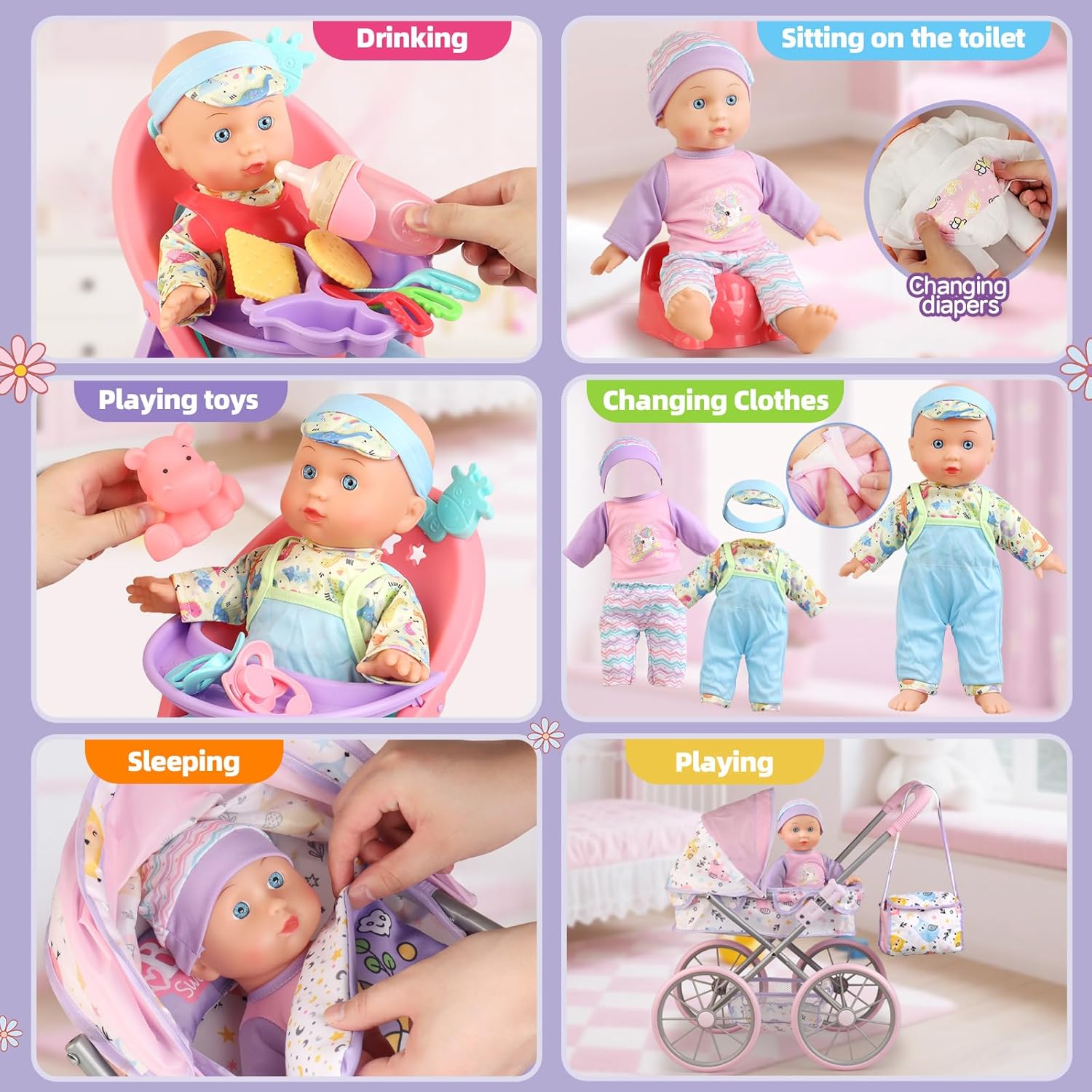Baby Doll Stroller Playset for Girls Toddlers 3-5 4-6 5-7 Year Old to Play House Games. Stroller Toy with 12.5" Baby