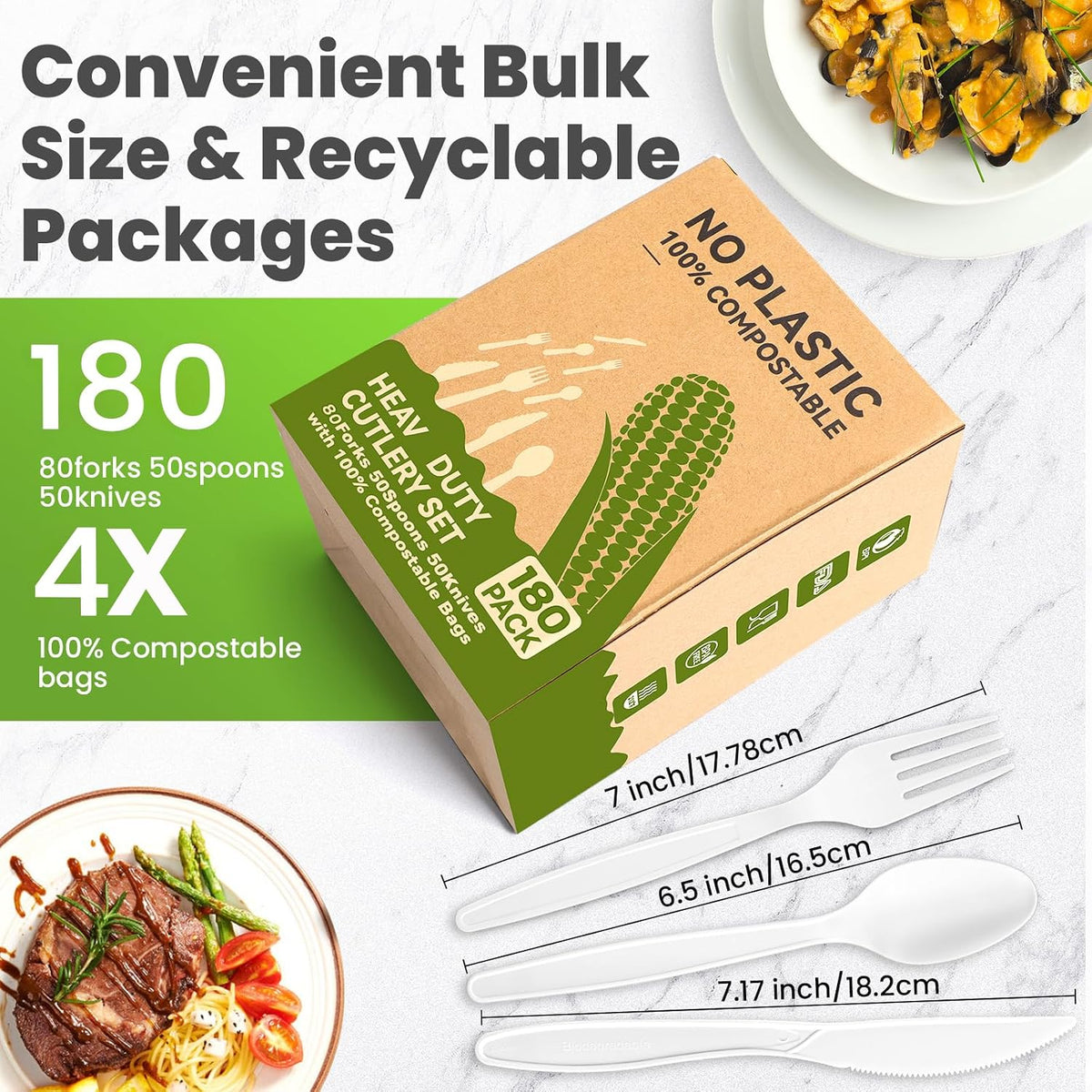 180-Count Compostable Utensils Set - Heavy Duty BPI Certified, Plastic-Free Disposable Forks, Spoons, Knives Set for