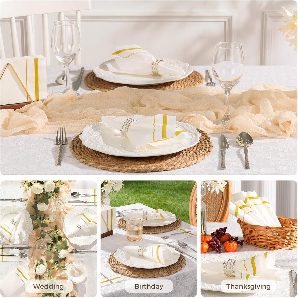 200 Pack Disposable Paper Napkins, White & Gold Trim Dinner Napkins