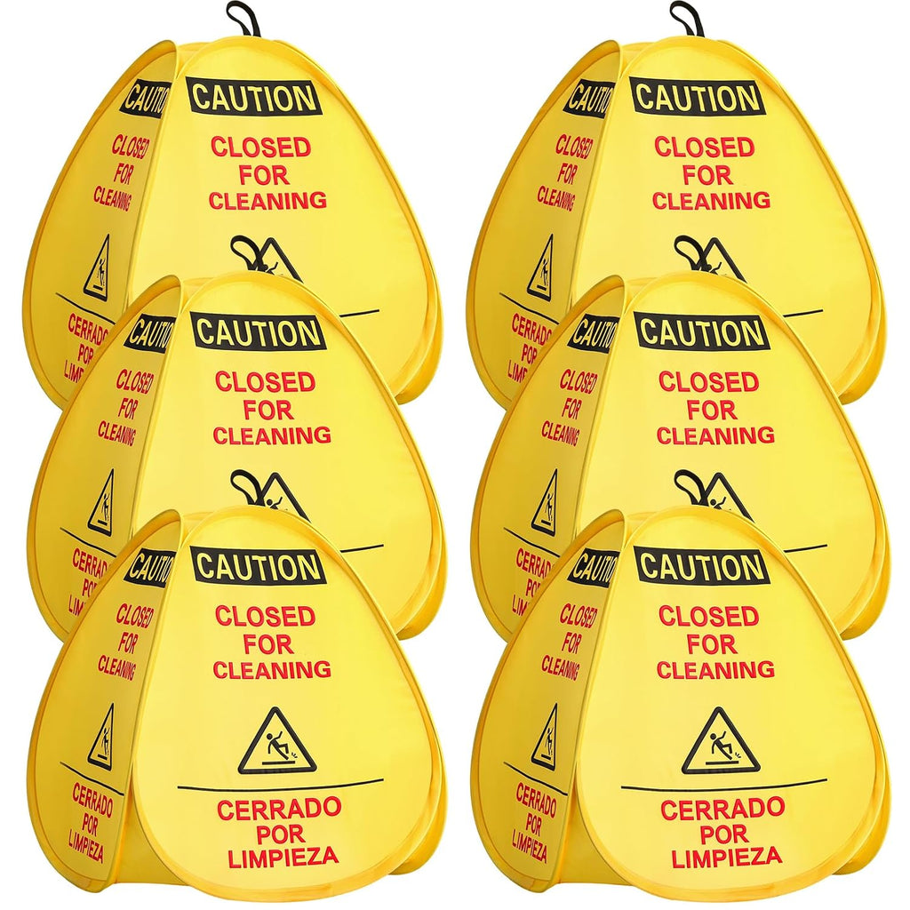 6 Pack 16" Pop-up Wet Floor Sign Closed for Cleaning Signs Yellow 4-sided English/Spanish Warning Foldable Highly