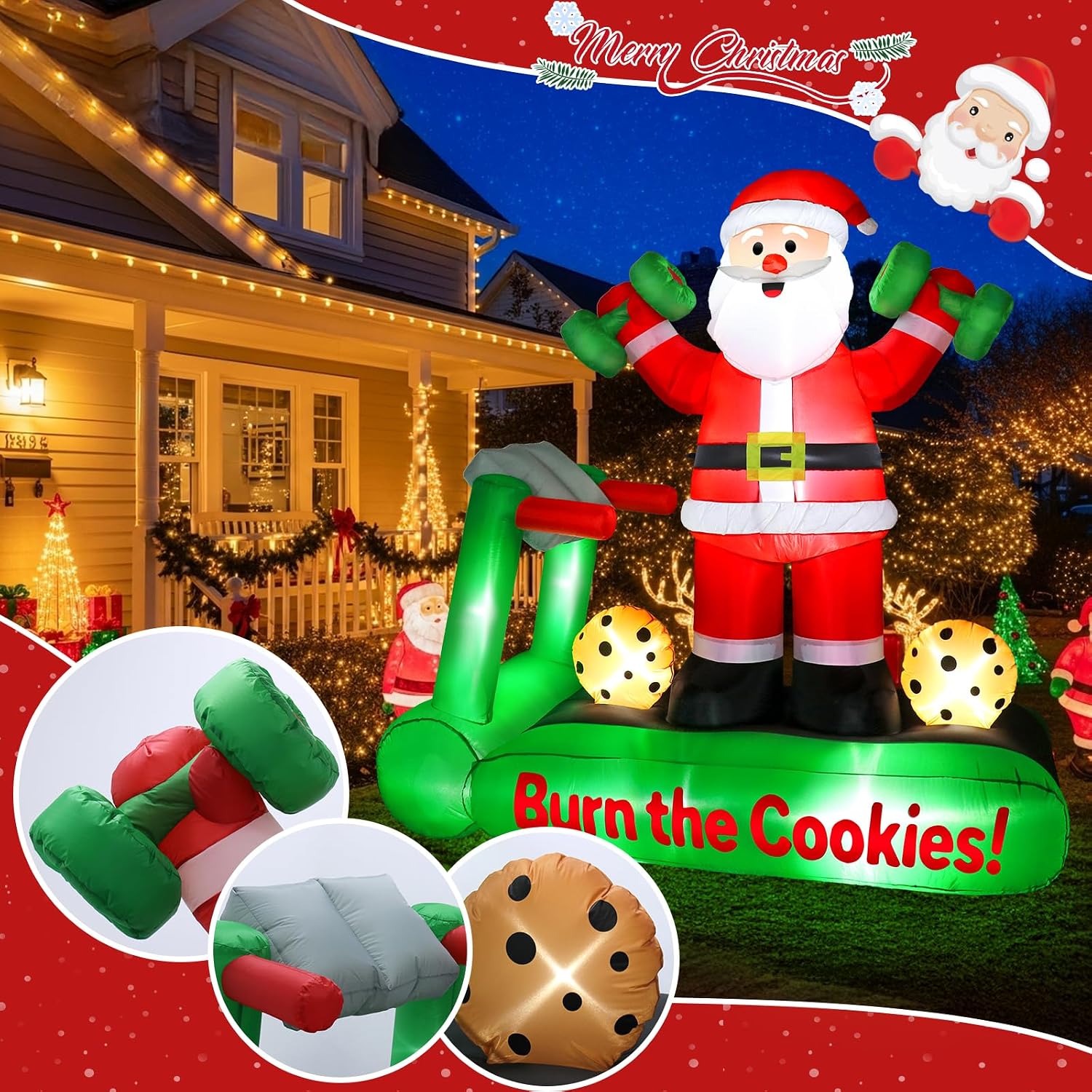 7FT Christmas Inflatable Santa Decorations, Santa on Treadmill with Dumbbells, Funny Fitness Santa Outdoor Blow Up