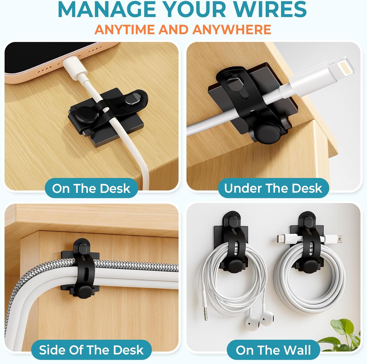 Cable Clips Management Kit, 15 Cable Holder With Silicone Cord Ties, 15 Nylon Zip Tie, Extra 15 Screws & 8 Adjustable
