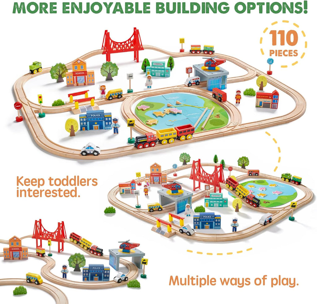 110PCS Wooden Train Set, Toy Train with Tracks | Compatible with Major Brands, Ideal Railway Playset for Boys and