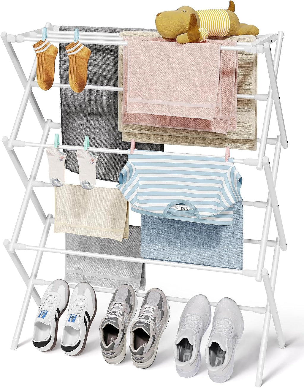 Foldable 3-Tier Clothes Drying Rack 37.4" H with Non-Slip Feet | Indoor & Outdoor Use, Space Saving, Metal Frame