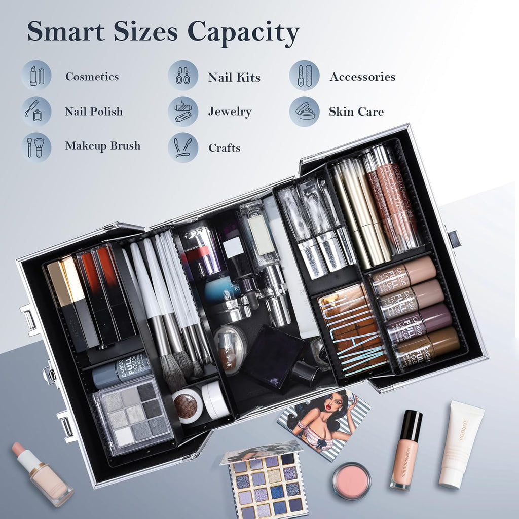 Makeup Train Case Makeup Organizer Box Portable Cosmetic Travel Case with Lock 4 Trays Aluminum Hard Vanity Box Make