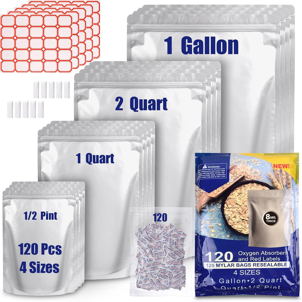 Lebodu 120 Mylar Bags with 120 x 300cc Oxygen Absorbers for Food Storage | 8 Mil, 4 Sizes (10"x14", 7.5"x11.5"