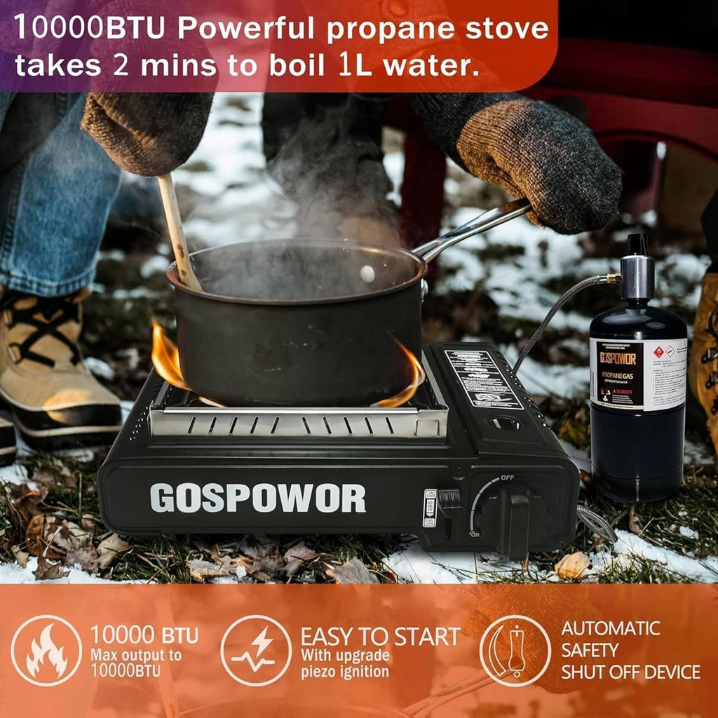 Propane or Butane Stove with Windblocker,Dual Fuel 10,000 BTU Propane Stove for Camping, Automatic Ignition Gas