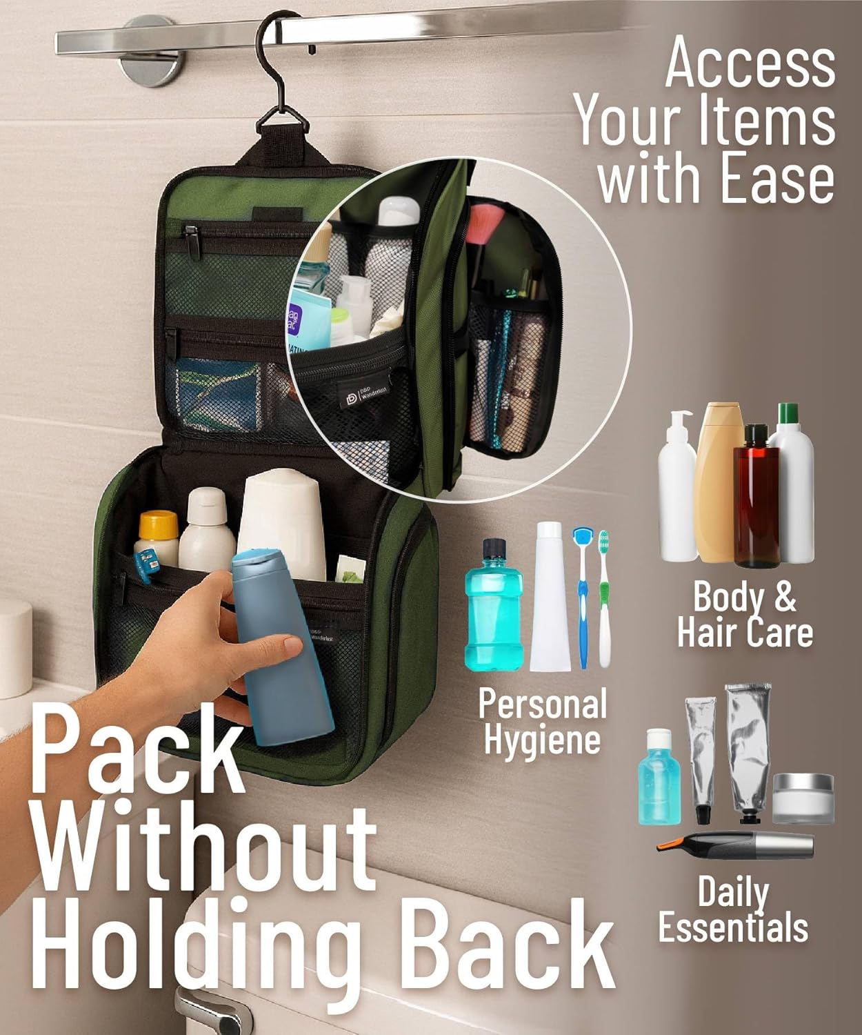 D&D Wanderlust D&D Hanging Travel Toiletry Bag for Men and Women – Cosmetics, Makeup and Toiletries Organizer Kit