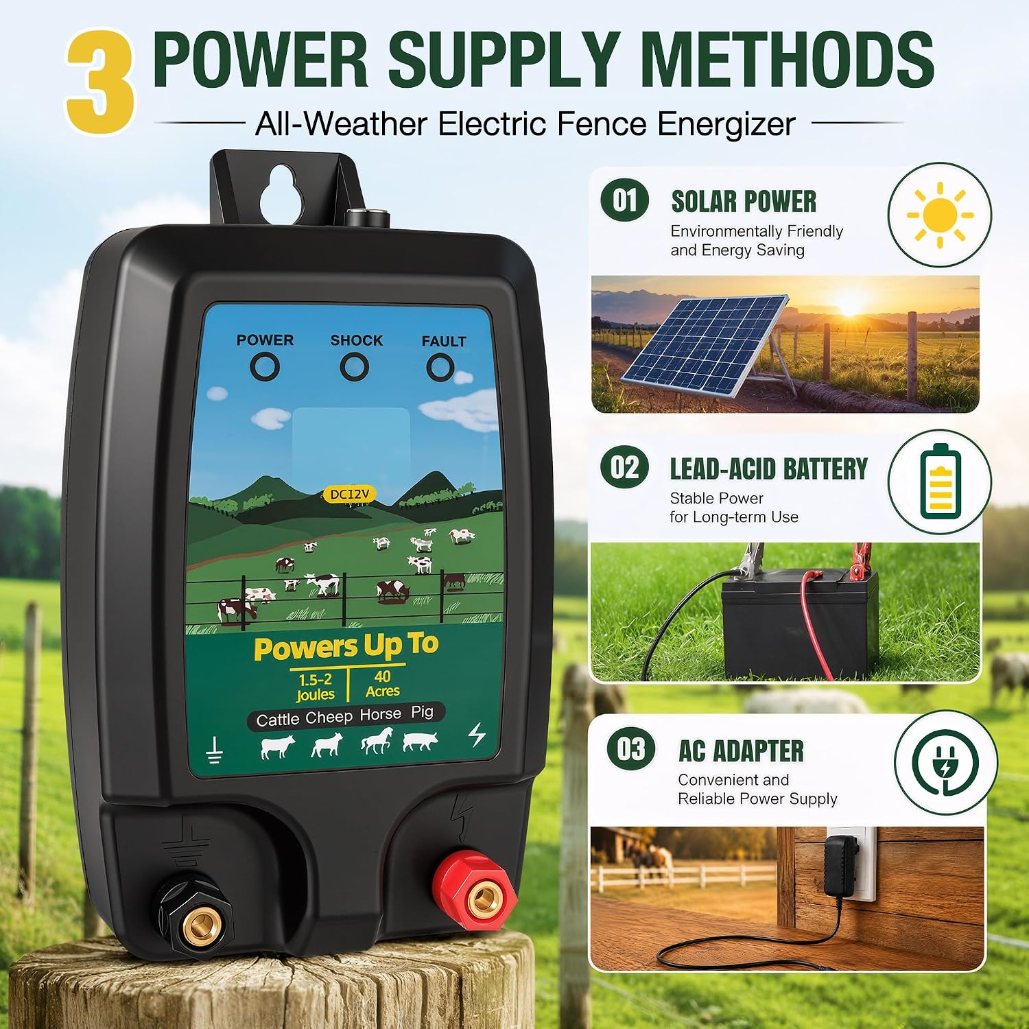Electric Fence Charger 15 Miles, 12KV Pulse Charger AC/DC Solar Compatible, Heavy Duty Livestock 2J Fence Charger for