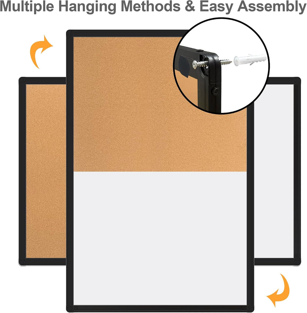 Cork Board White Board Combo, 36" X 24" Magnetic Whiteboard Bulletin Combination Board, Black Aluminum Frame Vision